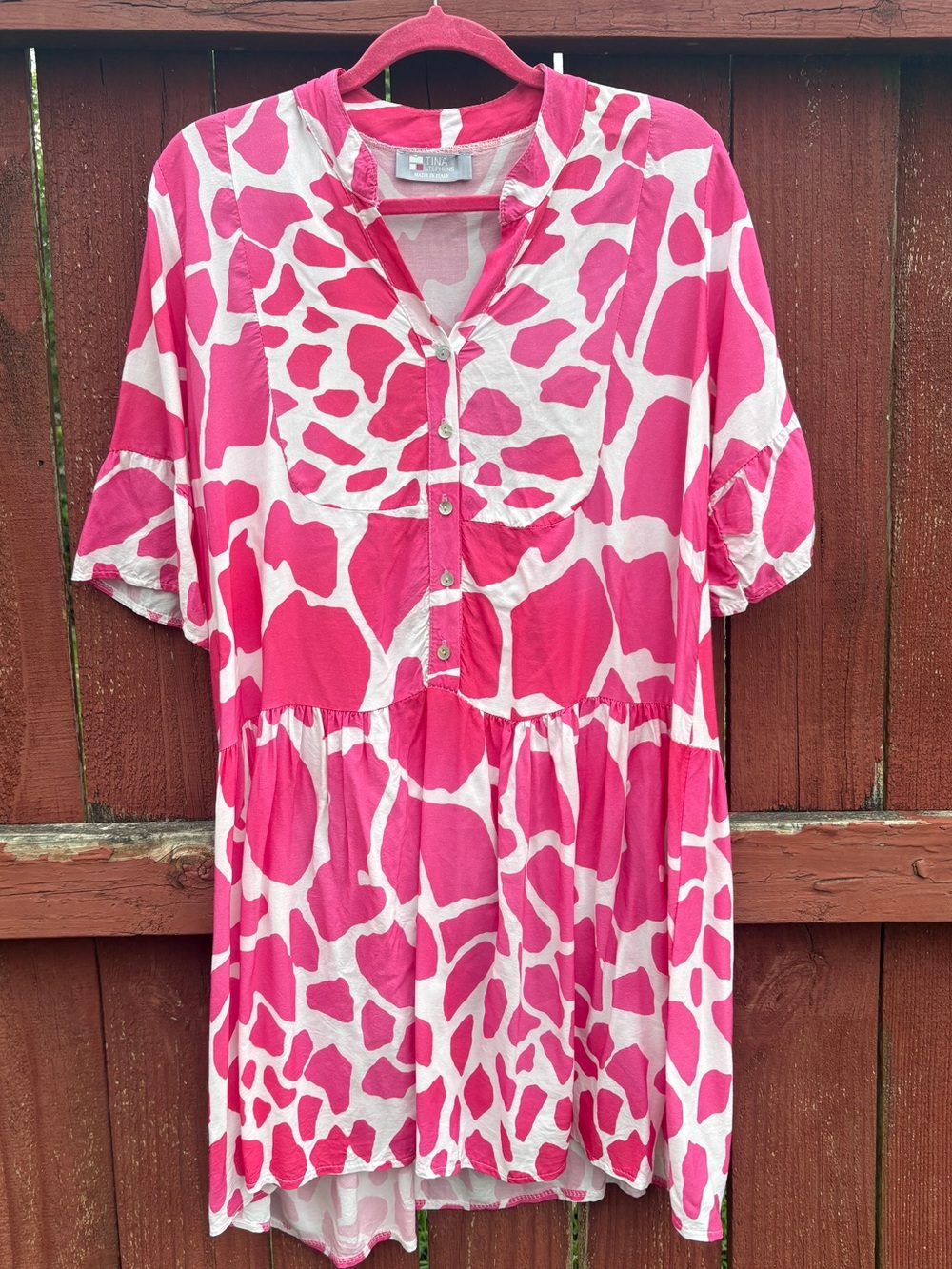 Tina Stephen’s Made in Italy Pink and White Printed Tiered Tunic Dress medium